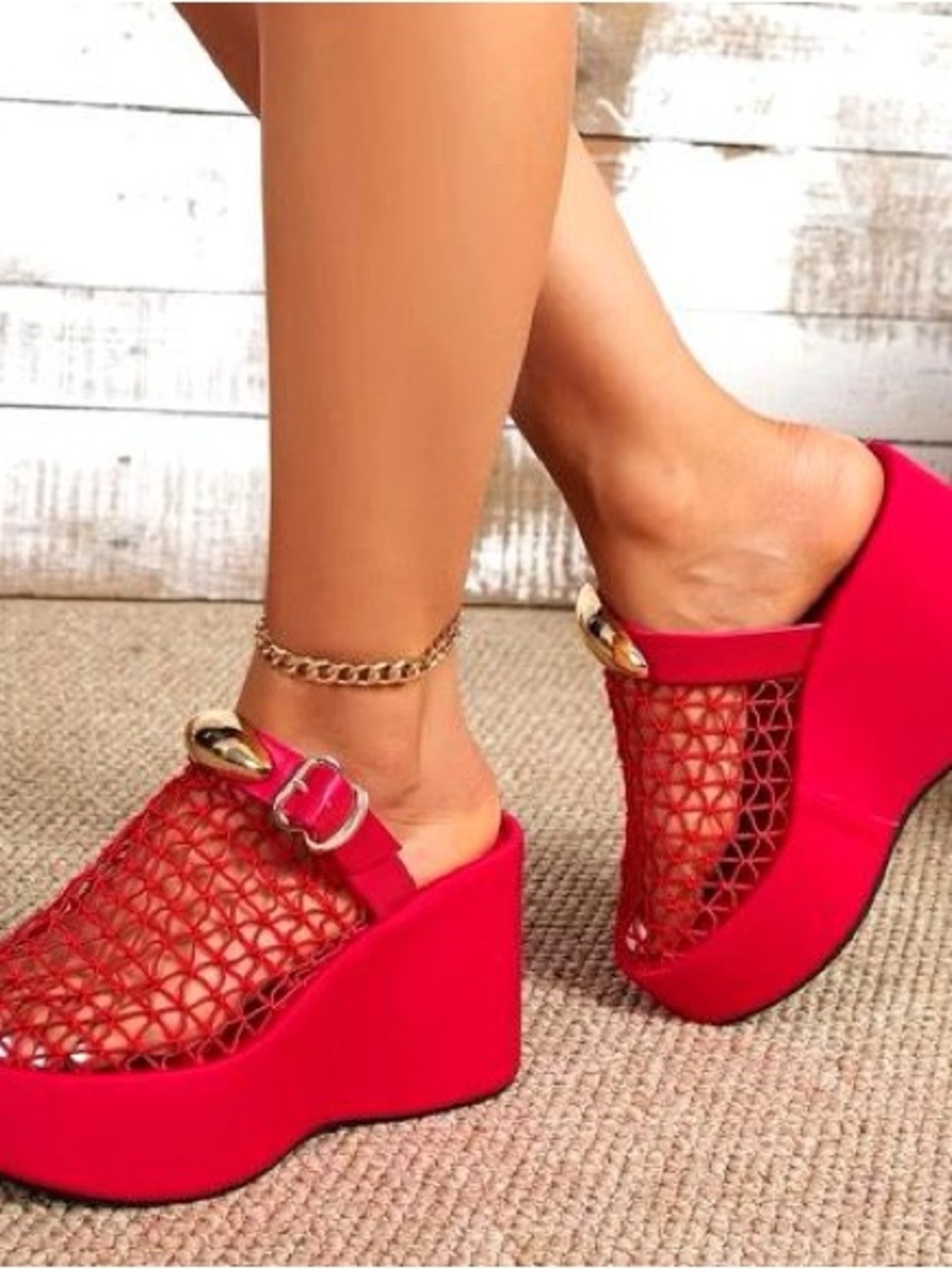 Brand New Women’s Red Wedge Mesh Slide Sandals